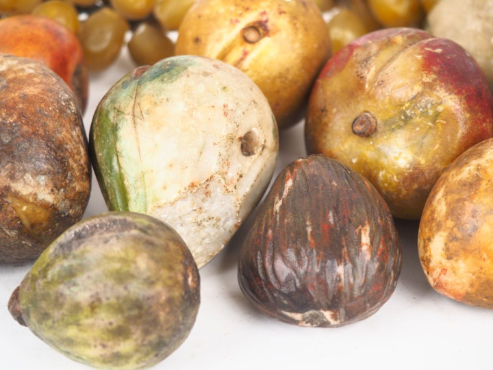 16 fruits XIXème en pierre polychrome : figues, raisins, prunes et poi