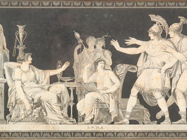 Suite de 5 gravures Directoire en noir figurant des scènes de l'antiqu