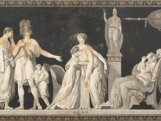 Suite de 5 gravures Directoire en noir figurant des scènes de l'antiqu