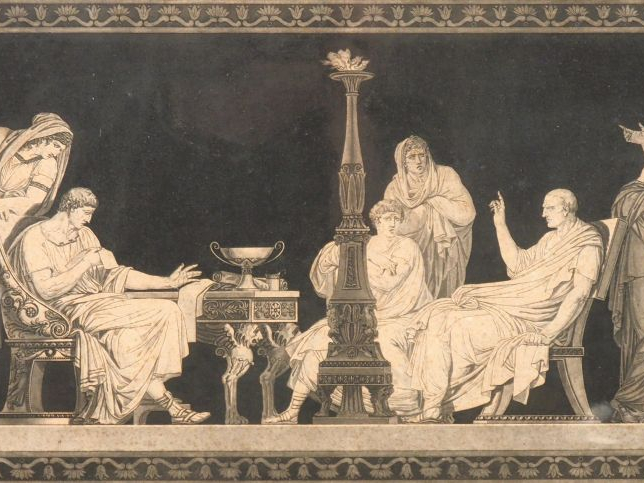 Suite de 5 gravures Directoire en noir figurant des scènes de l'antiqu