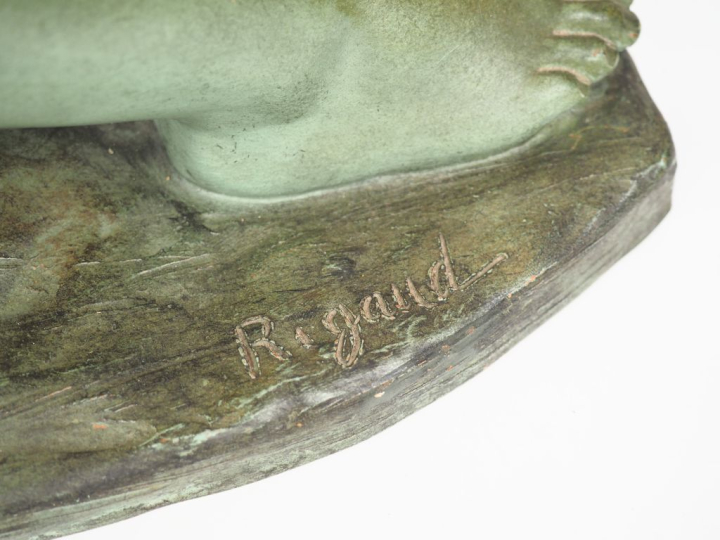 RIGAUD.  "Jeune femme à la biche" Groupe en terre cuite à patine verte