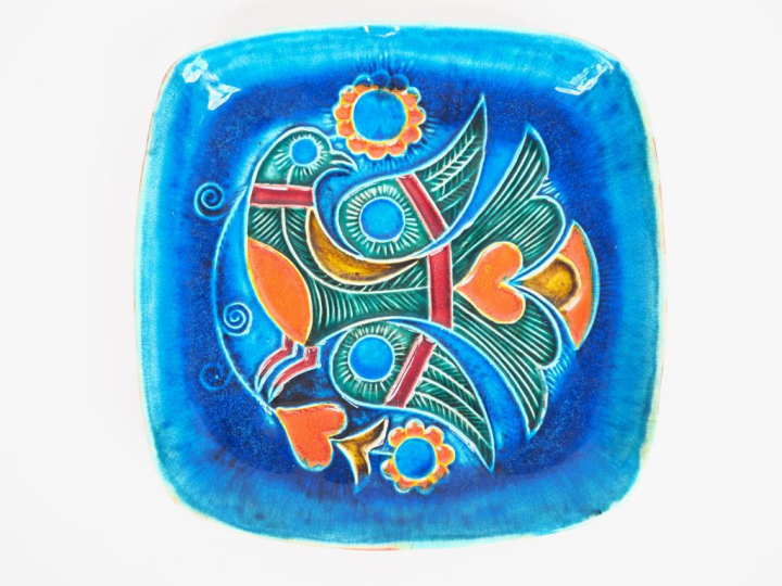 Jean-Claude TABURET.  Coupe en céramique polychrome à décor d'oiseaux.