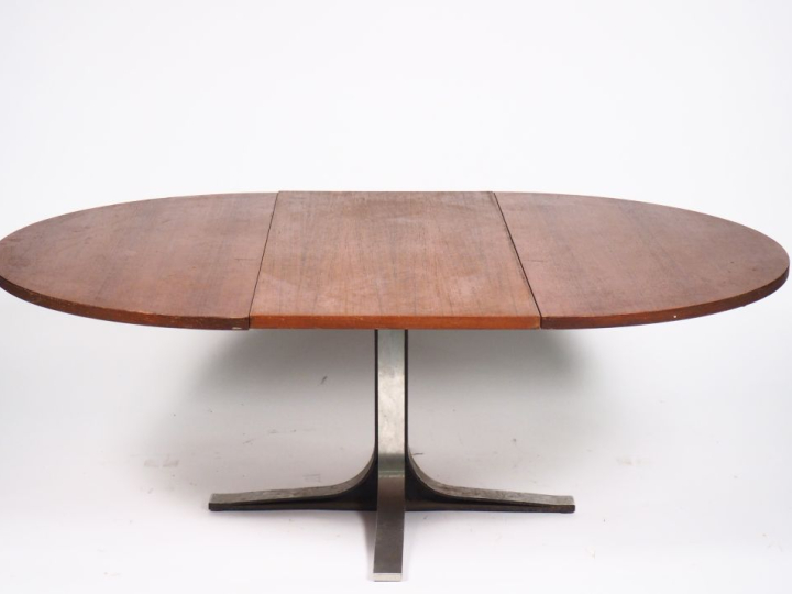 Table de salle à manger à allonges, piétement en métal chromé, réglabl