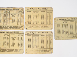 Vente aux enchères MICHELIN.  Lot de 5 plaques "Gonflage des pneus MICHELIN" en tôle lith