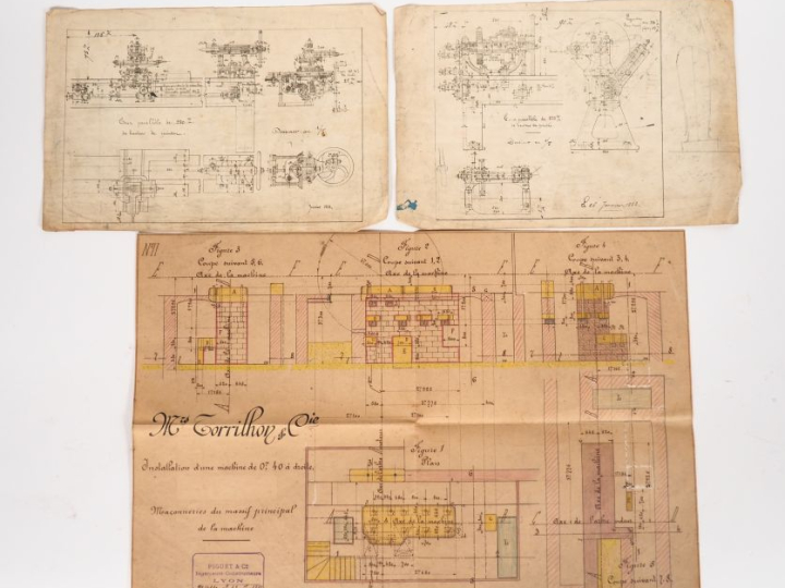 MICHELIN Trois différents plans de machines datés de 1883 et 1892. (ét