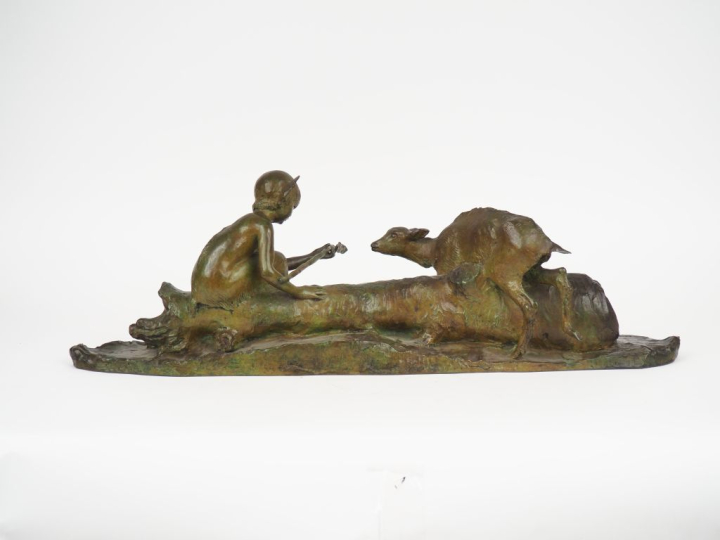 ARY BITTER. "la biche et le petit faune". Groupe en bronze à patine ve