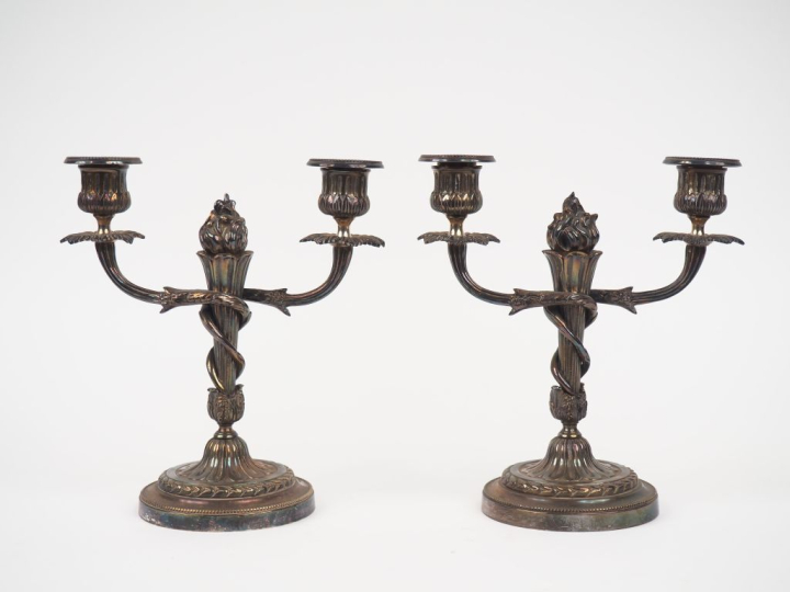 Paire de bougeoirs doubles de style Louis XVI en bronze argenté à déco