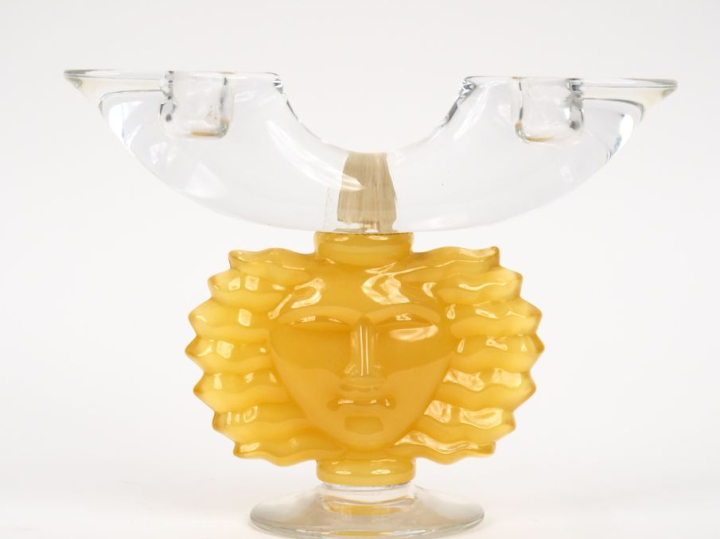 Bougeoir double bicolore en cristal jaune et translucide à décor de vi
