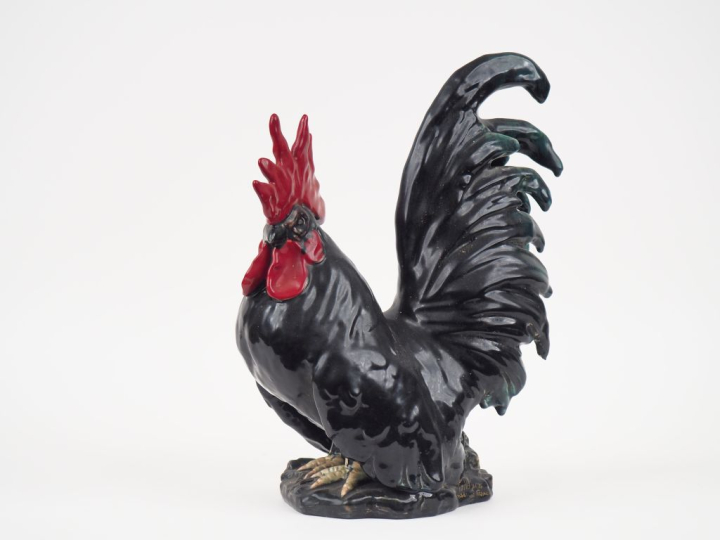 VALLAURIS.  Grand sujet en céramique polychrome  "le coq". H. 38 cm