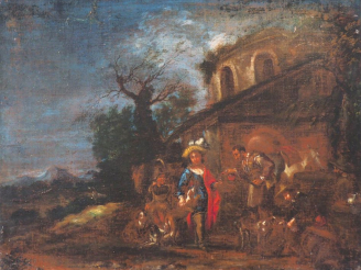 Vente aux enchères Ecole Italienne XVIIème. "Personnage devant l'auberge" Huile sur toile