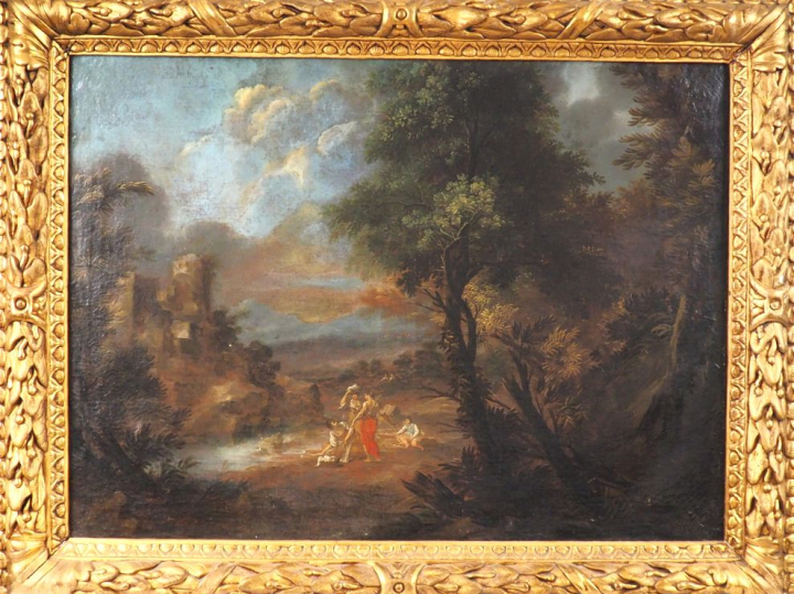 Ecole Romaine vers 1700 "Femmes à la rivière" Toile Hauteur : 70 cm La