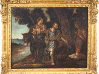 Vente aux enchères Ecole française XVIIIème. "La fuite en Egypte". Huile sur toile. Dim. 