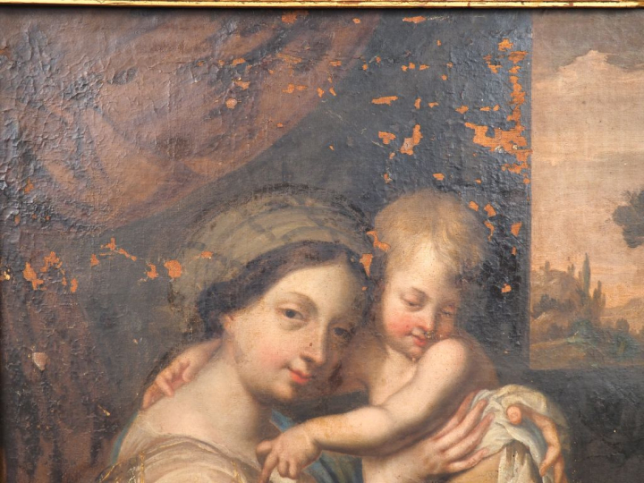 Ecole française XVIIIème. "Vierge à l'enfant et saint Jean-baptise". H