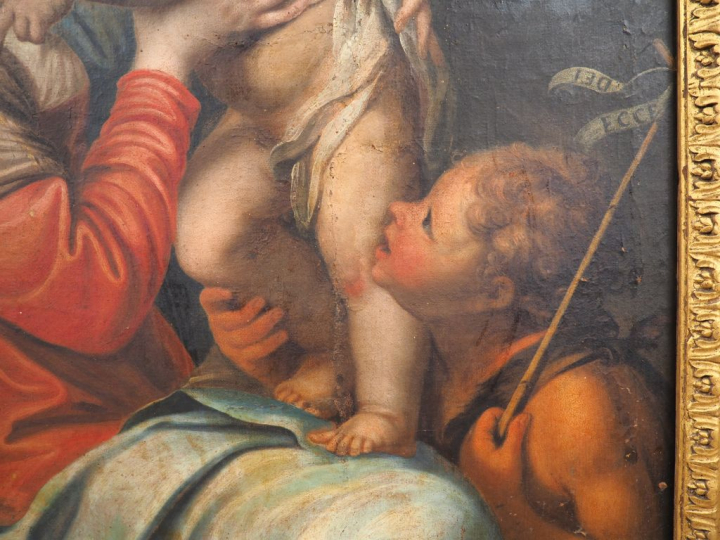 Ecole française XVIIIème. "Vierge à l'enfant et saint Jean-baptise". H