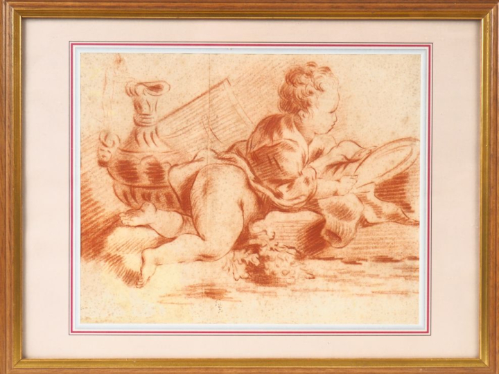 Ecole Française XIXème.  "l'amour au miroir" Dessin à la sanguine.  Di