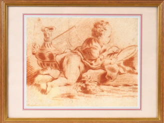 Vente aux enchères Ecole Française XIXème.  "l'amour au miroir" Dessin à la sanguine.  Di