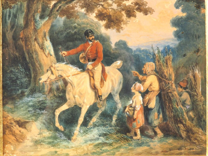 BELLANGE. "Scène de chasse à courre"  Aquarelle signée en bas à gauche