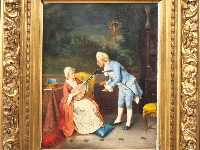 Ecole française fin XIXème. "Scène galante dans le salon de musique". 