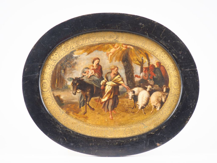 Ecole française XIXème. "La fuite en Egypte". Huile sur cuivre. Dim. 2