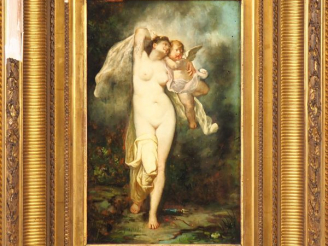 Vente aux enchères Ecole Française vers 1880 "Venus et l'Amour" Panneau Hauteur : 36 cm L