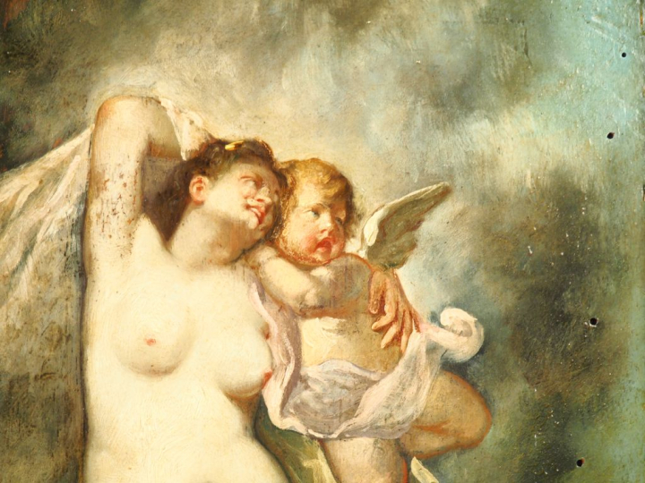 Ecole Française vers 1880 "Venus et l'Amour" Panneau Hauteur : 36 cm L