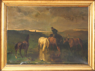 Vente aux enchères Ecole Française XIXème. "Gardien de chevaux et son troupeau". Huile su