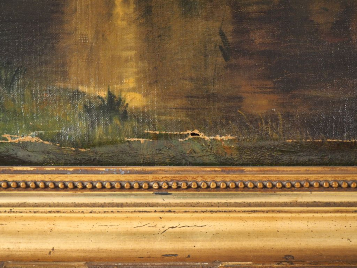 Ecole Française XIXème. "Gardien de chevaux et son troupeau". Huile su