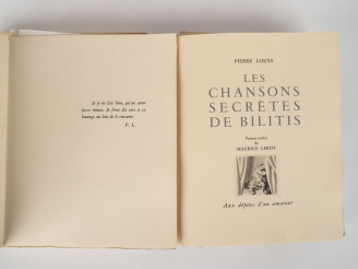 Vente aux enchères LOUŸS (P.). LES CHANSONS SECRÈTES DE BILITIS. P., Aux dépens d’un amat