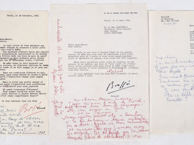 [BRASSAÏ]. ENSEMBLE DE 3 LETTRES TAPUSCRITES SIGNÉES « BRASSAÏ » adres