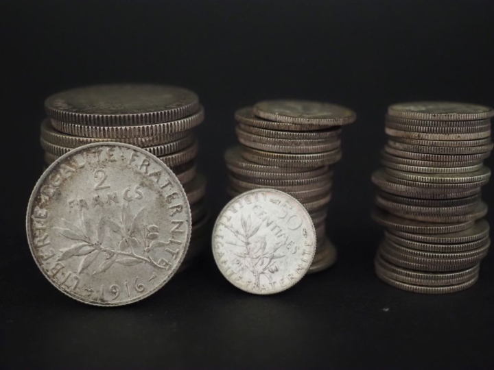 Ensemble comprenant :  - 16 pièces de 2 Francs en argent. - 51 pièces 