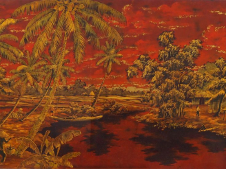 Vente aux enchères HOANG NGOC. Vietnam Xxe siècle, Important panneau en laque à décor rou