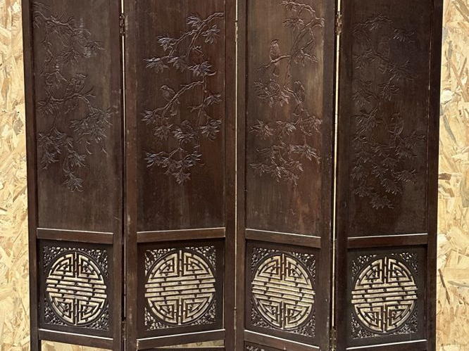 Paravent à 4 feuilles en bois de palissandre et marqueterie de nacre r