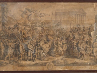 Vente aux enchères Grande gravure XVIIème d'après Charles Lebrun. Dim. 73 x 167 cm. (Mauv