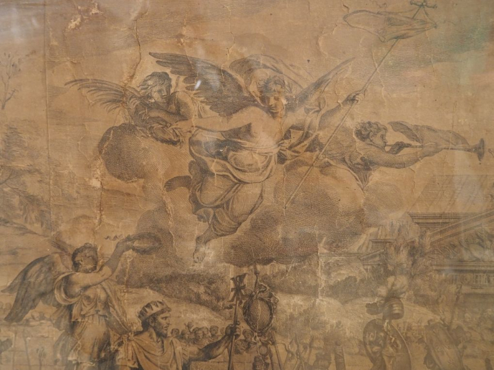 Grande gravure XVIIème d'après Charles Lebrun. Dim. 73 x 167 cm. (Mauv