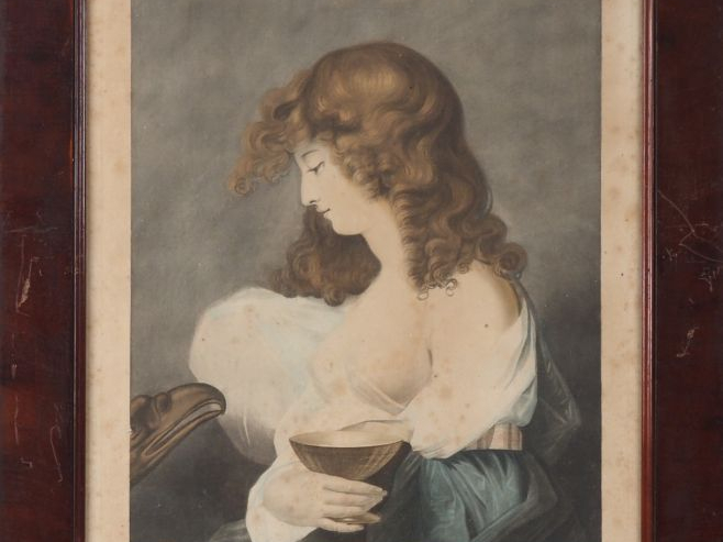 Paire de gravures en couleurs d'après Reynolds "Hébé" et ""Ménas" dans