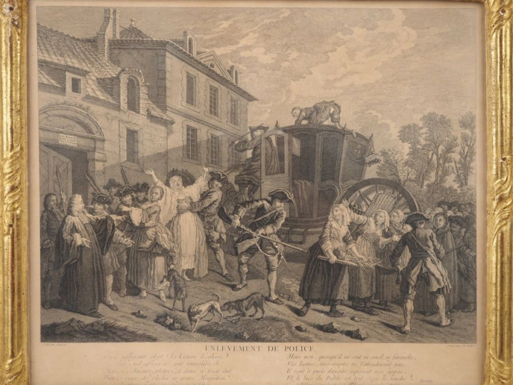 4 gravures de style Louis XVI dans des cadres à baguettes dorées "la p