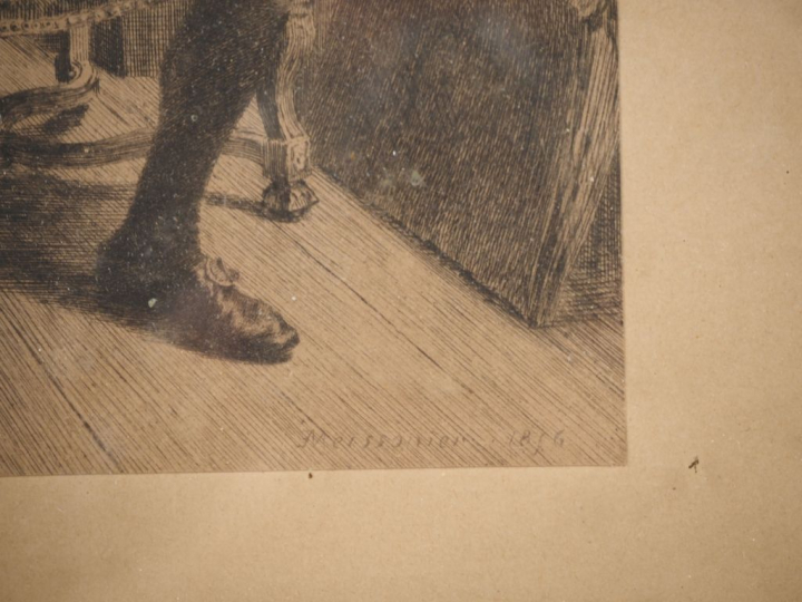 MEISSONNIER.  Gravure en noir "la lecture" dans un cadre de style Loui