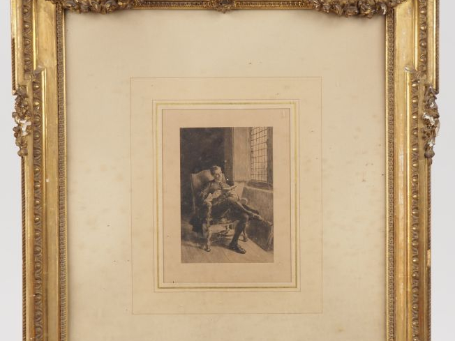 MEISSONNIER.  Gravure en noir "la lecture" dans un cadre de style Loui