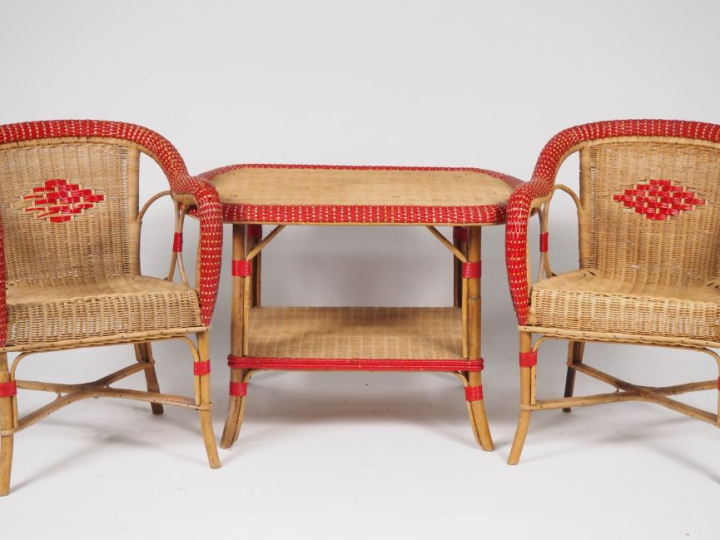 Mobilier de salon d'hiver ou de jardin en rotin naturel et laqué rouge