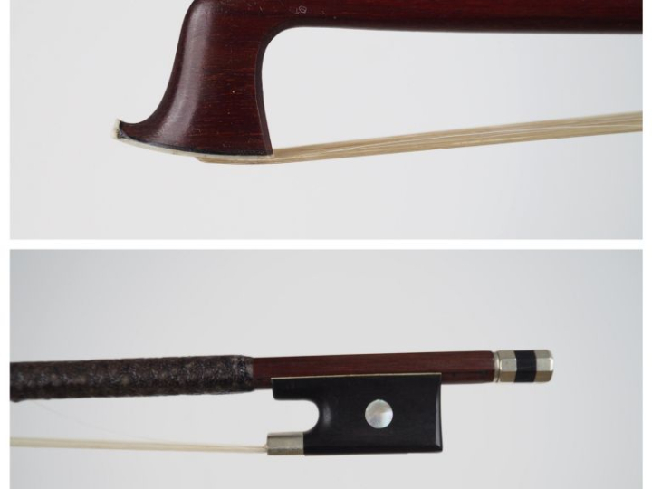 Archet 	de violon Français en bois exotique monté Maillechort. Vers 19