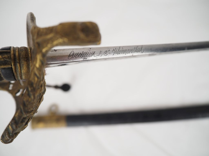 Sabre d’officier de marine.  Poignée en corne. Monture en laiton doré,