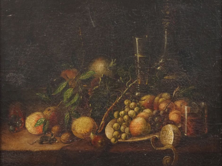 Ecole française dans le gout du XVIIème. "Nature morte aux fruits". Hu