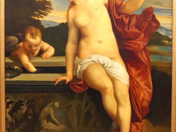Ecole française XIXème d'après GIORGIONE. "Allégorie". Huile sur toile
