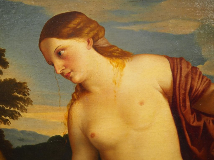 Ecole française XIXème d'après GIORGIONE. "Allégorie". Huile sur toile
