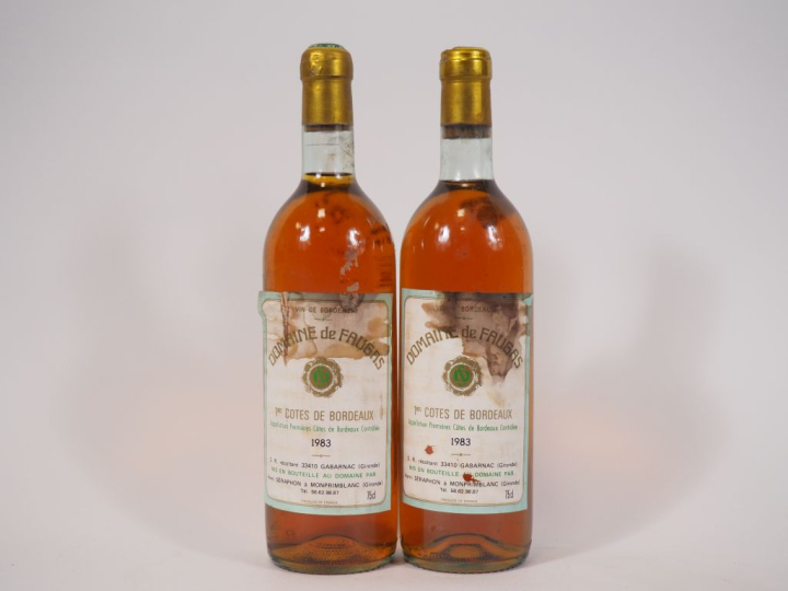 2 BOUTEILLES CHÂTEAU DE FAUGAS 1eres CÔTES DE BORDEAUX - 1983 - 1 BG/C