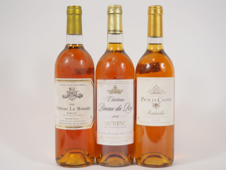 Vente aux enchères 3 BOUTEILLES SAUTERNES : 1 CHÂTEAU LA BOUADE BARSAC 1990 - 1 CHÂTEAU P