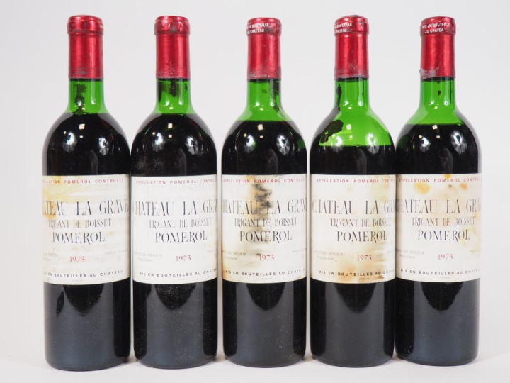 5 BOUTEILLES CHÂTEAU LA GRAVE POMEROL - 1973 - 2 BG/1 HEP /1 MEP/ 1 VI