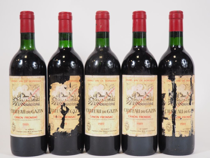 5 BOUTEILLES CHÂTEAU DU GAZIN CANON FRONSAC - 1989 - BG/2 ETA/3 ET
