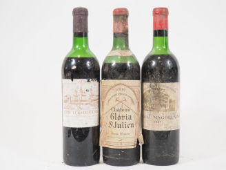 Vente aux enchères 3 BOUTEILLES : 1 CHÂTEAU GLORIA ST JULIEN 1959 VIDANGE/BS/ETA - 1 CHÂT