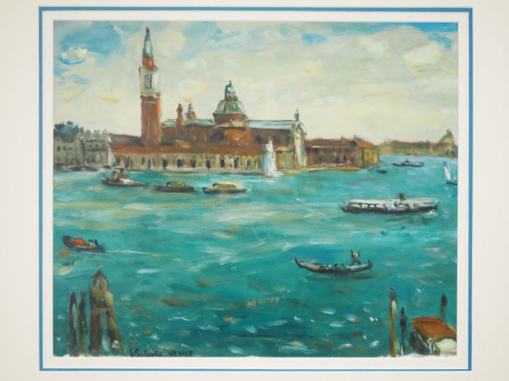 BATTISTA.  "Venise" Huile sur papier, signée en bas à gauche Dim. 36 x